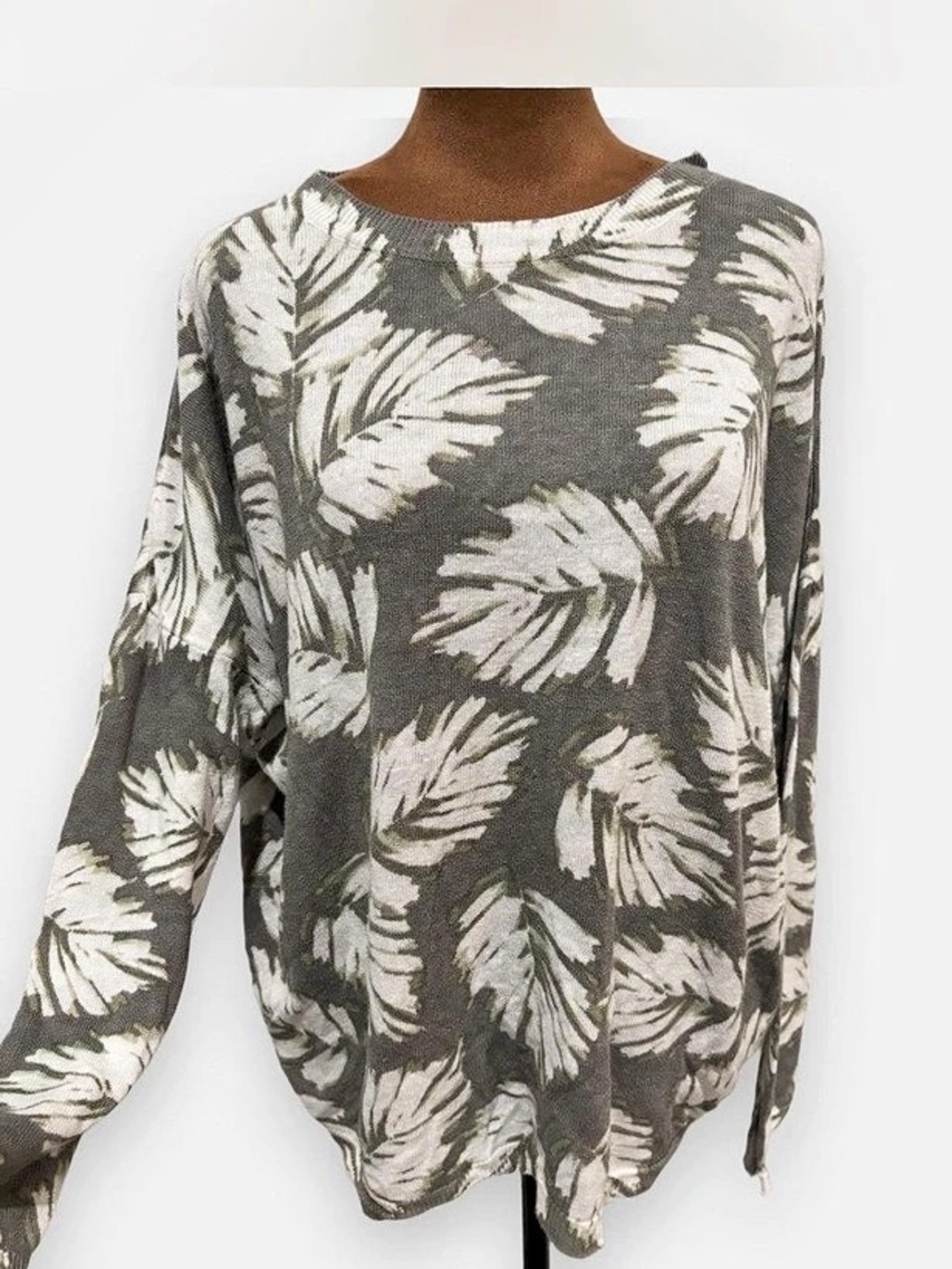 J. Jill Linen Blend Palm Leaf Print Knit Sweater Sage Green White Boho Resort XL